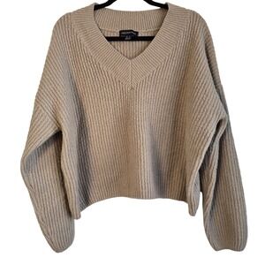 Streetwear Society Womens Ribbed V-Neck Oversized Cropped Sweater Taupe Beige L